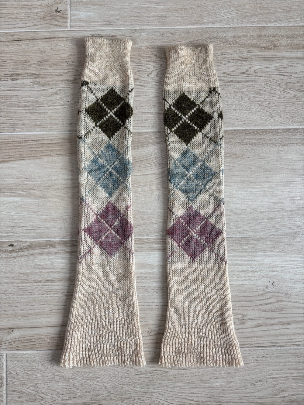 Vintage Coquette Knit Argyle Leg Warmers Cream, Earthy Brown & Dusty Blue